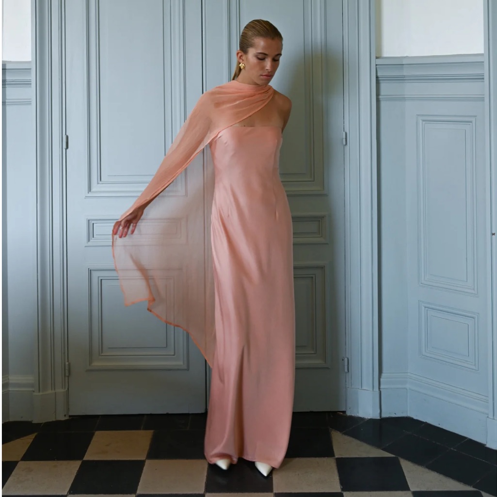 Elegant Peach One-Shoulder Maxi Dress With Sheer Drape